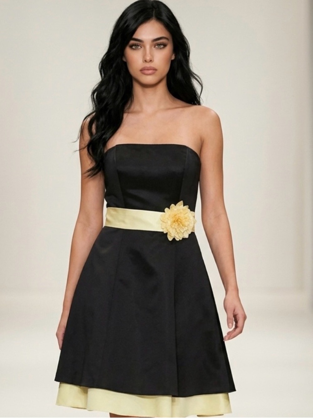 Strapless Black Dress with Yellow Sash and Flower Accent